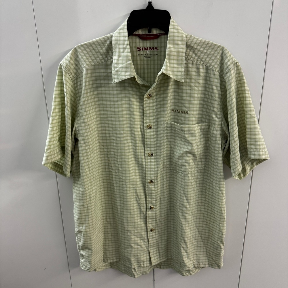 Simms Mens Medium Green Plaid Short Sleeve Fishing Shirt Button Down Vented Back